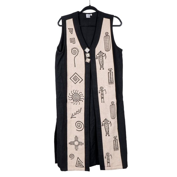 Venus Imports Jackets & Blazers - Venus Imports Long Vest VTG XS Adult Black Tan Buttons Nepal Prehistoric Drawing